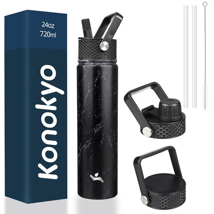 Konokyo Insulated Water Bottle with Straw,24oz 3 Lids Metal Bottles Stainless Steel Water Flask,Marble Midnight