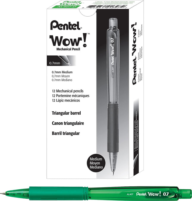 Crayon porte-mines Pentel Wow 0,7 mm, corps vert, boîte de 12 (AL407D)