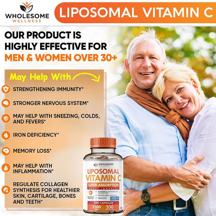 Liposomal Vitamin C - 200 Capsules 1500mg - Natural High Absorption Ascorbic Acid - Supports Immune System and Collagen Booster - Powerful Antioxidant High Dose Fat Soluble Supplement - Lypo Spheric