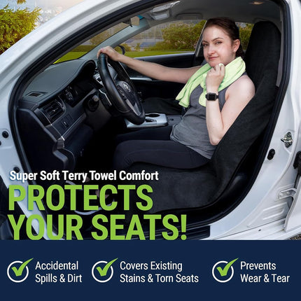 Season Guard Terry Cloth Sweat Towel Seat Cover; Carseat Towel Protector; Great for Gym Workout; Waterproof; Universal Fit for Car SUV Van Truck; EZ fit; Non Slip Grip; Machine Washable; 2pc Black