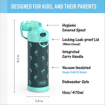Thermos FUNTAINER 16 Ounce Stainless Steel Vacuum Insulated Bottle with Wide Spout Lid, Palm Trees