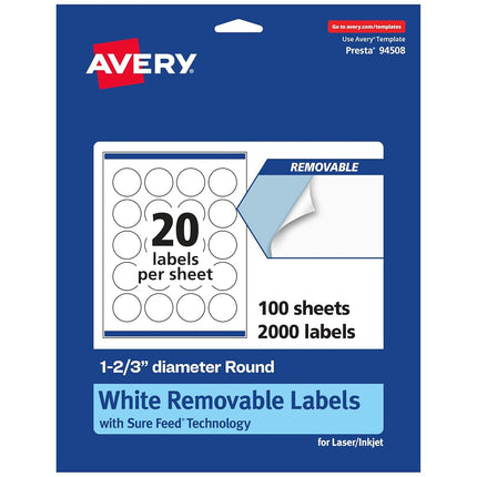 Avery Matte White Removable Round Labels with Sure Feed Technology, Print-to-The-Edge, 1-2/3" Diameter, 2,000 Removable Labels, Laser/Inkjet Printable Labels