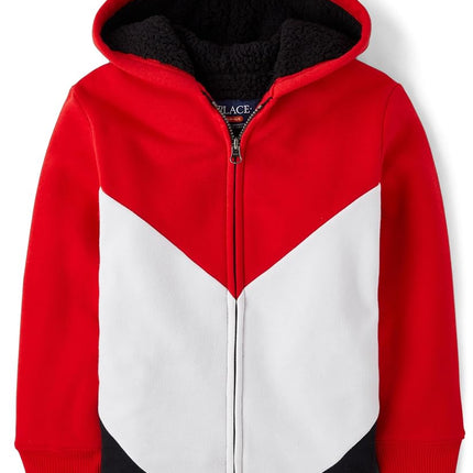 The Children's Place Boys' Long Sleeve, Sherpa Lined, Zip-Front Hoodie Sweatshirt, Red Colorblock, Large