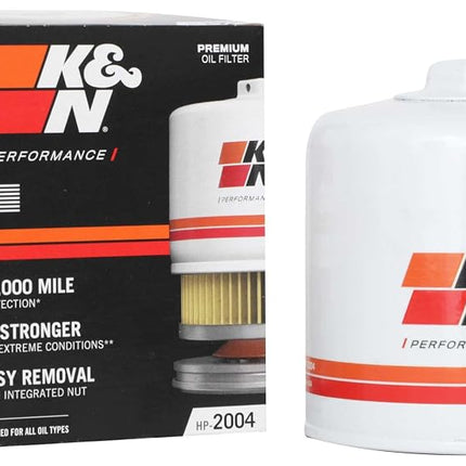 K&N Oil Filter - Spin-On 93x102mm compatible with Western Star, Freightliner, Nissan, Dodge, Chrysler, Jeep, Land Rover, Ford, Volvo (HP-2004), Weiß