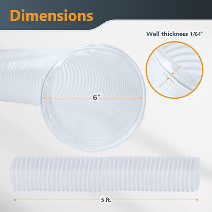 PowerTec 70239 6" x 5' PVC Woodworking and Shop Vacuum, 6 Inch Collector Dust Collection Fittings 5 Feet | Flexible Clear Vue Heavy Duty, 6" x5' Hose
