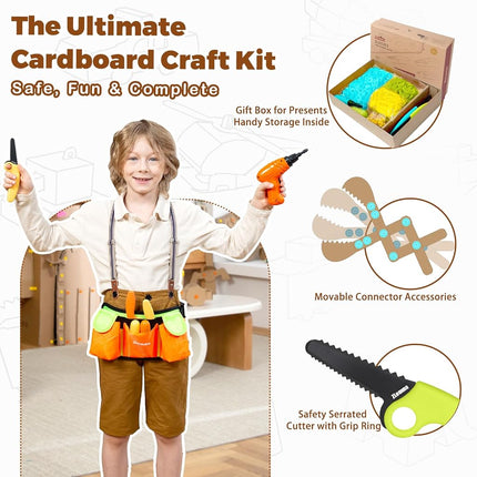 ZLemma Cardboard Construction Kit - 401 PCS Kids Building Set with Safe Serrated Cutter, Crease Roller, Screws & Nuts, STEM Upcycled Tool for DIY Cardboard Projects, Engineering & Creativity