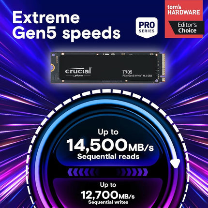 Crucial T705 2TB SSD PCIe Gen5 NVMe M.2, Up to 14,500MB/s, Microsoft DirectStorage, PCIe 4.0 Backwards Compatible, Internal Solid State Drive - CT2000T705SSD3
