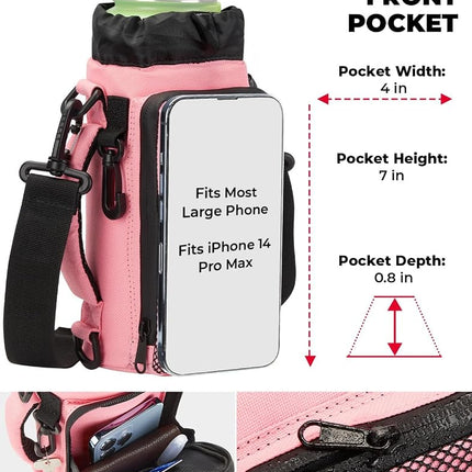KEMIMOTO Water Bottle Holder Bag, Water Bottle Carrier with Adjustable Shoulder Strap, Water Bottle Pouch Holder for Hiking, Camping, Fishing, Compatible with YETI 32 oz, 40 oz, 64 oz, Pink, 40 oz