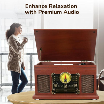 FEKTIK 10 in 1 Bluetooth Record Player, 3-Speed Turntable for Vinyl with Speakers, LP to MP3 Converter, CD, Cassette Player, FM Radio, Wireless Streaming | Mahogany