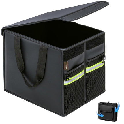 Coverado Trunk Organizer for Car- Nappa Leather Trunk Organizer for SUV with Lid, 30L Multi Collapsible Car Storage Organizer Foldable, Multi Compartments with 2 Straps for SUV/Truck