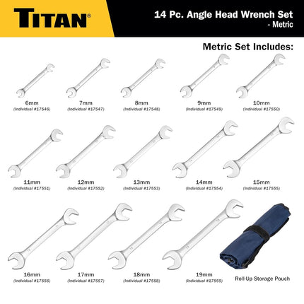 Titan 17284 14-Piece Metric Angle Head Open End Wrench Set