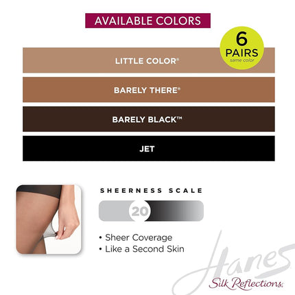 Hanes Pantimedias Silk Reflections con control de abdomen y puntera reforzada para mujer, paquete de 6, Jet, C-D