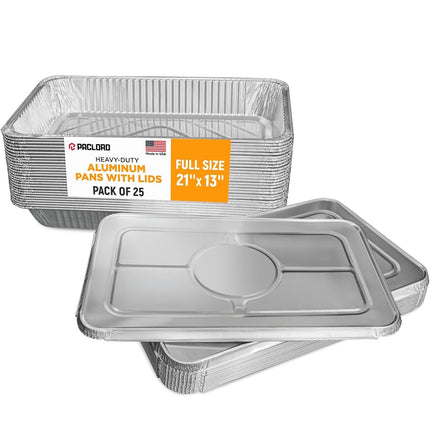Paclord Aluminum Pans with Lids - 21" x 13" Full Size Foil Pans with Lids, Pack of 25 Pans and 25 Lids, USA-Made Disposable Aluminum Trays for Chafing Racks - Great for Cooking, Heating, Food Storing