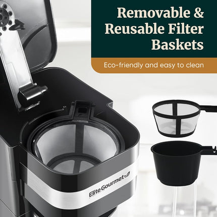 Elite Gourmet EHC113 Personal Single-Serve Compact Coffee Maker Brewer Includes 14Oz. Stainless Steel Interior Thermal Travel Mug, Compatible with Coffee Grounds, ReCaable Filter, Black