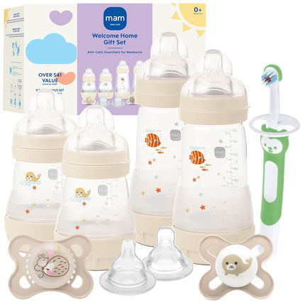 Set de regalo MAM Welcome Home (9 piezas), biberones anticólicos Easy Start, chupetes para bebés, tetinas, cepillo de dientes de entrenamiento, regalos para baby shower