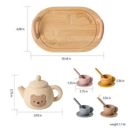 Tea Party Set for Little Girls 1-3 Kids Tea Set with Silicone Teapot Cups Coasters Carrying Scoop Wooden Tray, Kitchen Accessories Pretend Play for Girls Boys Age 3 4 5 (15 Pcs)