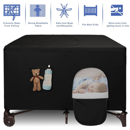Dofilachy Blackout Cover for Pack N Play - Crib Blackout Cover Tent - Canopy Cover - Breathable Travel Crib Tent - Portable Stretchy Blackout Tent(Pocket), Black with Pocket (DO-CRCO-03)