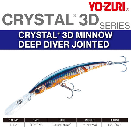 Yo-Zuri Crystal 3D Minnow Deep Diver Jointed Lure, Chartreuse Silver, 5-1/4-Inch