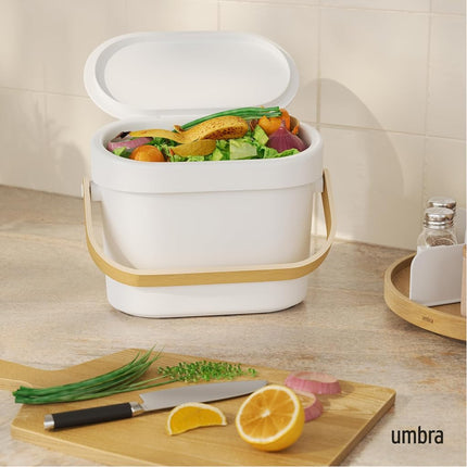 Umbra Bellwood Kitchen Compost Bin – White/Natural, Countertop or Cabinet Mounted, 4L Compost Container with Hidden Bag Retainer, BPA-Free & Dishwasher Safe| Bellwood Collection