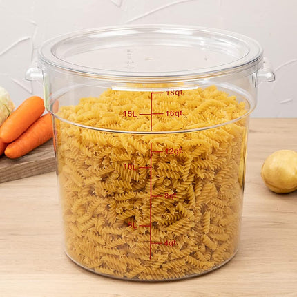 Restaurantware-Met Lux 18 Quart Food Storage Container, 1 Round Commercial Storage Container - Lid Sold Separately, with Volume Markers, Clear Plastic Food Prep Bucket, Space-Saving Storage