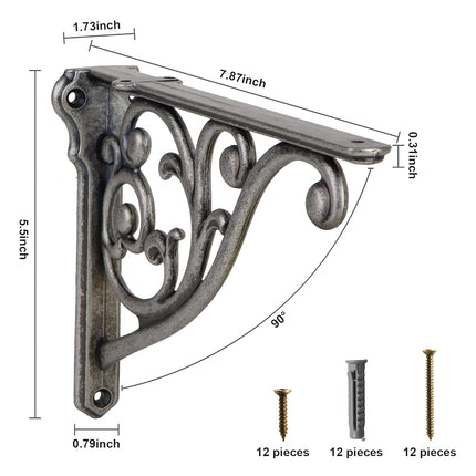 Shelf Brackets 8 Inch 4PCS Heavy Duty Antique Weathered Nickel Wall Bracket Baroque Kitchen Decorative Rack Shelves, Including All Hardware. (4, Antique True Silver)