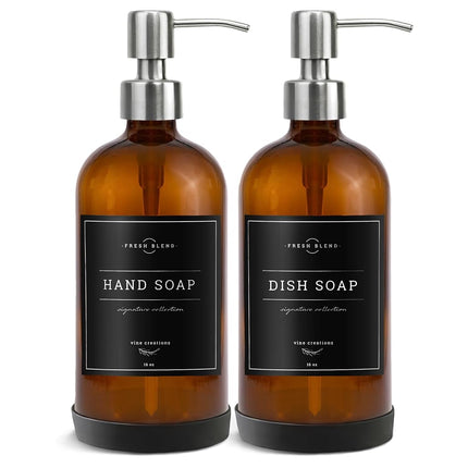 Vine Creations Amber Glass Soap Dispenser 2 Pack, Thick 16oz Bottles with Rustproof Stainless Steel Pump, Modern Farmhouse Vintage Jar, Bathroom Kitchen Accessories, Dish and Hand Soap Labels (Silver)