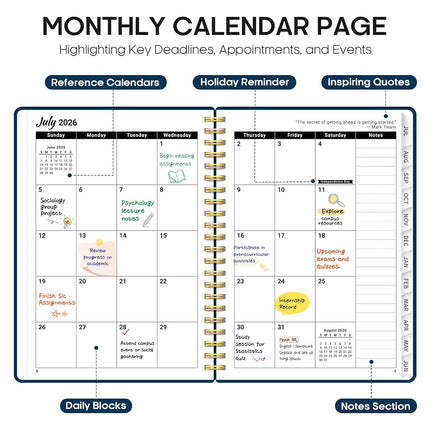 Academic Planner 2026-2027, Weekly and Monthly Calendar Planner, July 2026 - June 2027, Hardcover Large School Planning Agenda With Tabs, Perfect for School & Office Supplies, A5 (6.3" x 8.5"), Navy