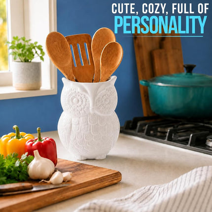 Owl Utensil Holder by Comfify - Decorative Ceramic Cookware Crock & Organiser, in Lovely White Colour - Utensil Caddy and Perfect Kitchen Ceramic Decor Gift - 5" x 7" x 4" Size