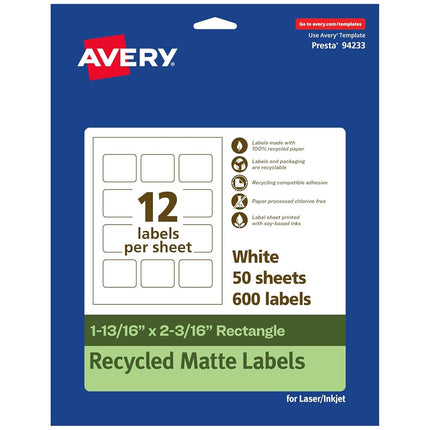 Avery EcoFriendly Matte White Recycled Rectangle Labels, 1-13/16" x 2-3/16", Print-to-The-Edge, Matte White Labels, Permanent Adhesive, Laser/Inkjet Printable, 600 Total