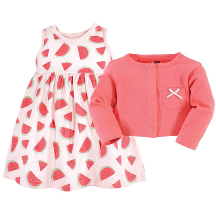 Hudson Baby Baby Girls' Cotton Dress and Cardigan Set, Coral Watermelon, 5T