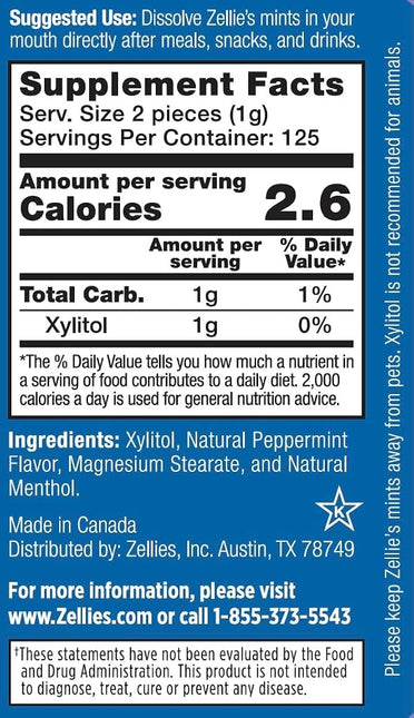 Zellies Xylitol Sugar Free Cool Mint Breath Mints | Non-Gmo, Low-Calorie, Gluten Free, Vegan & Kosher Mints (250 Count - Pack Of 1)