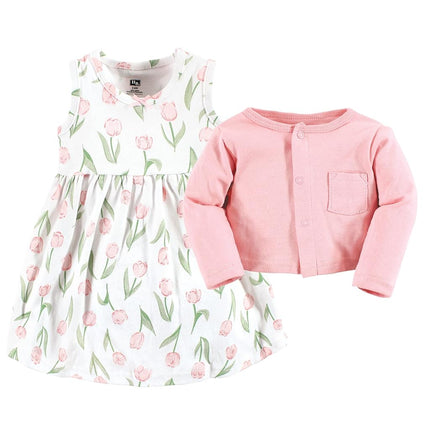 Ensemble Robe et Cardigan en Coton pour Bébé Fille Hudson Baby, Tulipes Roses, 2T
