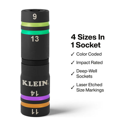 Klein Tools 6512MQS Impact-Rated Quad Socket Set, 4-In-1 Flip Socket Driver, Color-Coded, Heavy-Duty Multi Tool, 1/4-Inch Drive, Metric 9mm, 11mm, 13mm, 14mm, 6-1/2-Inch Extension Shaft