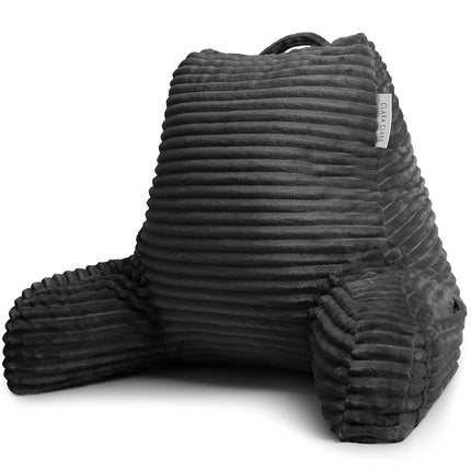 Clara Clark Cut Plush Striped Reading Pillow for Kids & Teens, Back Support Pillow, Shredded Memory Foam Bed Rest Pillow with Arms, Medium, Dark Grey