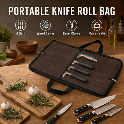 QEES Knife Roll,Heavy Duty Knife Bag,Waxed Canvas Knife Case with 4 Slots for Knives & Kitchen Tools,Chef Knife Bag with Handle.Portable Knife Roll Bag for Chefs Culinary Traveling.Knives Pouch