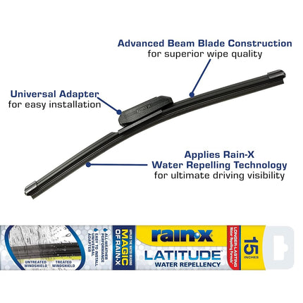 Rain-X 5079273-2 Latitude 2-in-1 Water Repellent Wiper Blades, 15 Inch (Pack of 1), Automotive Replacement Windshield Wipers with Patented Repellency Formula.
