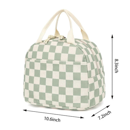 Corduroy Lunch Box for Women Girls, Cooler Lunch Bags Reusable Insulated Lunchbox for Picnic School Work Travel (Checkered Green)