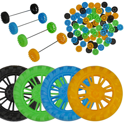Large Plastic Project Wheels - 20 Wheels, 20 Rubber Bands, 10 Dowels, and a Project Idea - 4.75 inch Wheel Diameter and 1/4 inch Axel Hole