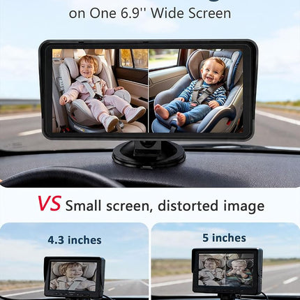 Baby Car Camera for 2 Kids: 6.9" Ultrawide Display, Dual Rear-Facing HD 1080P Cameras, Night Vision USB Powered, Easy-Install Backseat Monitor, Baby Car Mirror – Newborn Essentials & Baby Shower Gifts