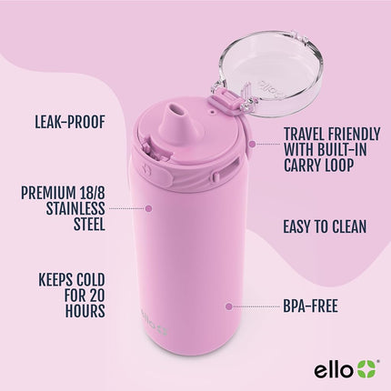 Botella de Agua de Acero Inoxidable para Niños Ello Cooper de 18 oz con Popote y Asa de Transporte, Doble Pared y Aislamiento al Vacío, Tapa de Cierre Antifugas con Boquilla de Silicona Suave, Reutilizable, Libre de BPA, Bubblegum