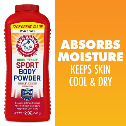 Arm & Hammer Sport Talcos para el cuerpo, Talcos para hombres y mujeres, Sensación fresca, Sin talco, Protección contra el olor sin aluminio con bicarbonato de sodio