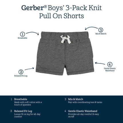 Shorts en tricot à enfiler 3 pièces pour tout-petit garçon Gerber, gris et noir, 6-9 mois