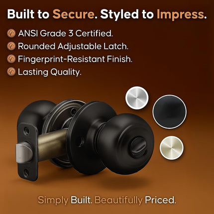 Copper Creek Matte Black Door Knobs - Round Colonial with Privacy Locking Function for Home Improvement - Interior Door Knobs Fits All Standard - Locking Door Knob for Bedroom & Bathroom - 3 Pack
