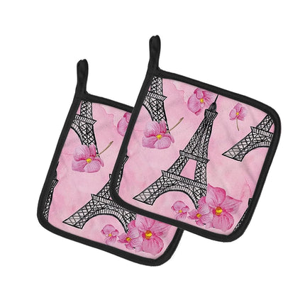 Caroline's Treasures BB7511PTHD Watercolor Pink Flowers and Eiffel Tower Pair of Pot Holders, 7.5HX7.5W, Multicolor