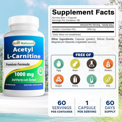 Best Naturals Acetyl L-Carnitine 1000mg Capsule, 60 Count