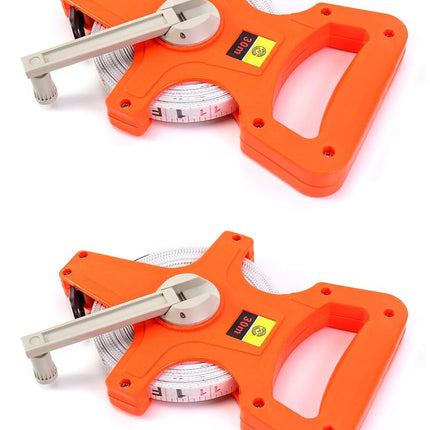 QWORK 1/2" x 100' Fiberglass Tape Measure, 2 Packs Engineer's Open Four-arm Frame Design Versatile Folding End Hook Reel Dual Sided Measure, Orange
