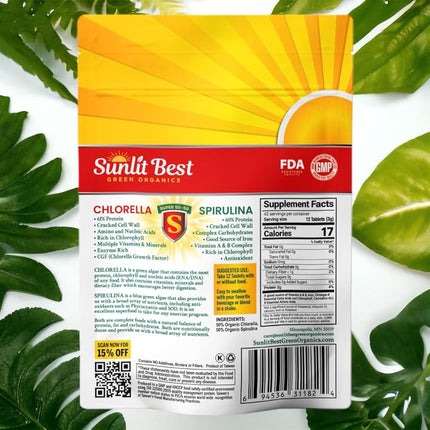 Spirulina Chlorella Cracked Cell Wall Super 50-50 Super-Pack 500 Tablets - Raw Organic Gluten-Free Non-GMO Green Superfood. High Protein, Chlorophyll & nucleic acids. No preservatives, No fillers