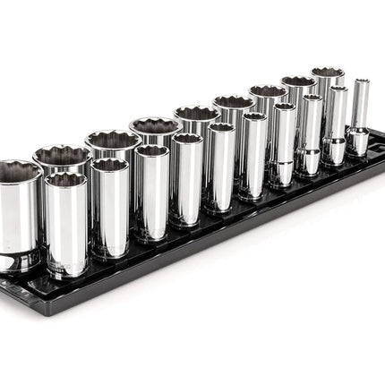 TEKTON 1/2 Inch Drive Deep 12-Point Socket Set with Rails and Tray, 19-Piece (3/8-1-1/2 in.) | SHD92127
