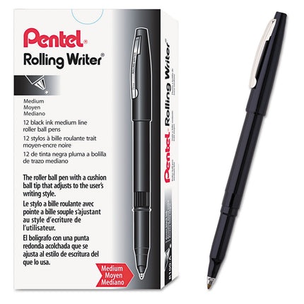 Pentel Rolling Writer Pen, 0.8 Millimeter Cushion Ball Tip, Black Ink, 12 pens (R100-A)
