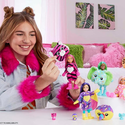 Barbie Small Dolls and Accessories, Cutie Reveal Chelsea Doll with Monkey Plush Costume & 7 Surprises Including Color Change, Jungle Series, HKR14